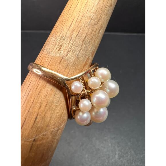 Vintage 14K Gold Cluster Pearl Cocktail Ring – Mid Century Dome Design- size 6 - Picture 11 of 16